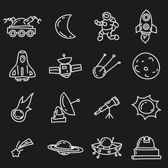 Cartoon funny doodles space elements. Hand drawn objects and symbols. Vector illustration for backgrounds, web design, design elements, textile prints, covers, greeting cards.
