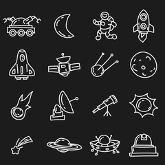 Cartoon funny doodles space elements. Hand drawn objects and symbols. Vector illustration for backgrounds, web design, design elements, textile prints, covers, greeting cards.