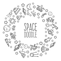 Cartoon funny doodles space elements. Hand drawn objects and symbols. Vector illustration for backgrounds, web design, design elements, textile prints, covers, greeting cards.