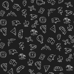 Cartoon funny seamless pattern travel . Hand drawn objects and symbols. Vector illustration for backgrounds, web design, design elements, textile prints, covers, greeting cards.