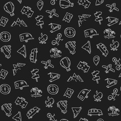 Cartoon funny seamless pattern travel . Hand drawn objects and symbols. Vector illustration for backgrounds, web design, design elements, textile prints, covers, greeting cards.
