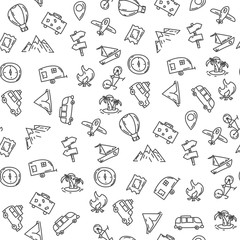 Cartoon funny seamless pattern travel . Hand drawn objects and symbols. Vector illustration for backgrounds, web design, design elements, textile prints, covers, greeting cards.