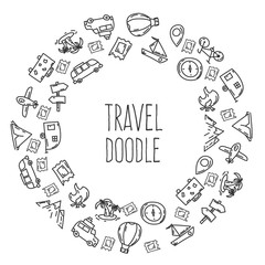 Cartoon funny travel doodles. Hand drawn objects and symbols. Vector illustration for backgrounds, web design, design elements, textile prints, covers, greeting cards.