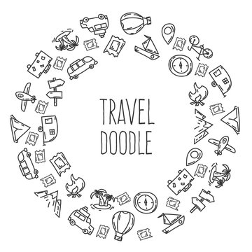 Cartoon funny travel doodles. Hand drawn objects and symbols. Vector illustration for backgrounds, web design, design elements, textile prints, covers, greeting cards.