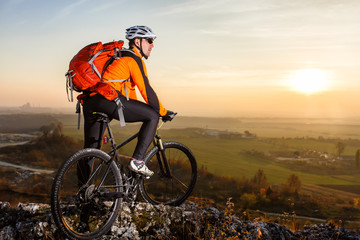 Fototapeta na wymiar low angle view of cyclist standing with mountain bike on trail at sunset