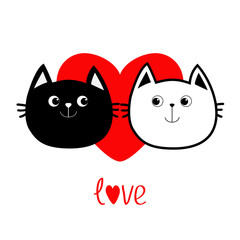 Black White contour Cat head couple family icon. Red heart. Cute funny cartoon character. Word love Valentines day Greeting card. Kitty Whisker Baby pet collection background. Isolated. Flat design.