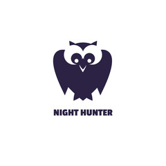 Animal based logo. Owl icon silhouette design. Simple emblem of bird night hunter isolated. Freehand drawn sign cute style. Stylized abstract symbol. Vector element of wildlife decorative background