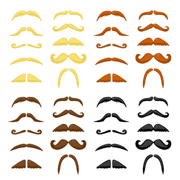Black, red, brown and blond different types colored mustache. Vector hand drawn illustration