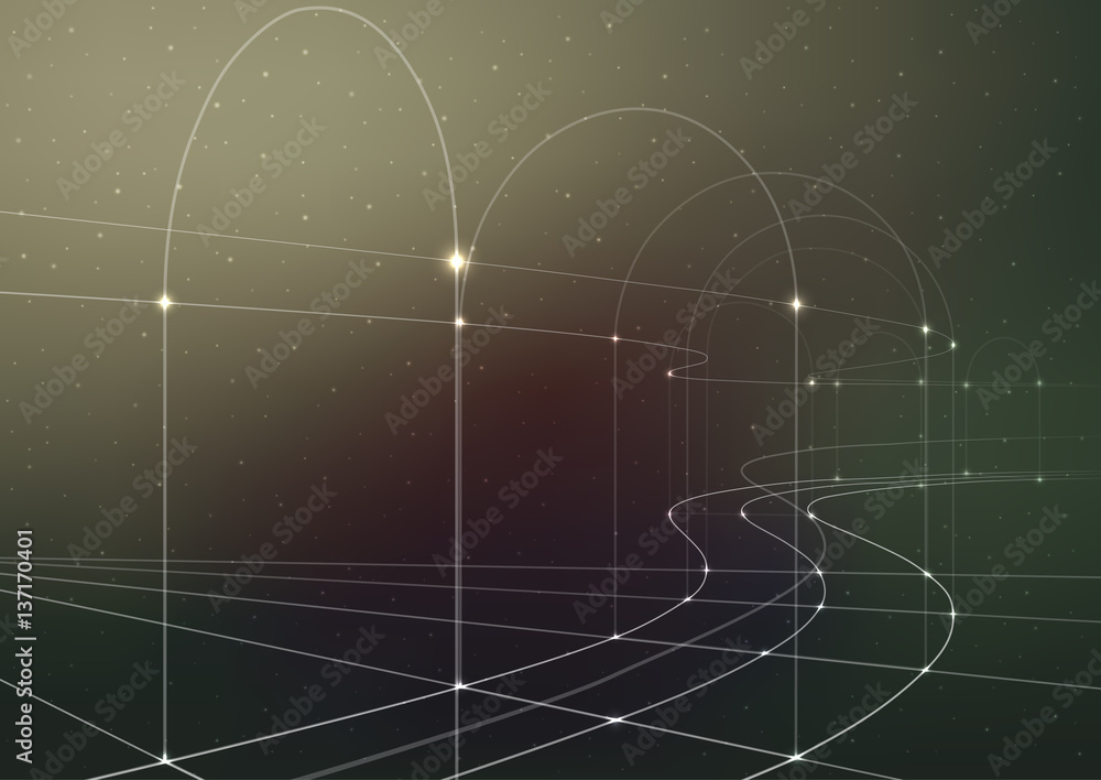 Poster cosmic, technology background. thin curved lines with glowing dots on a gradient mesh.