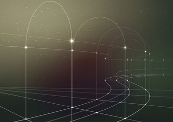 Cosmic, technology background. Thin curved lines with glowing dots on a gradient mesh.