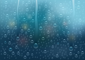 Naklejka na ściany i meble Glass with raindrops on blue blurred background. Vector illustration.