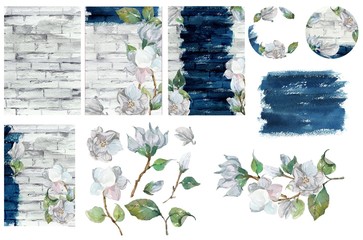Watercolor collection of floral elements and texture for design - 137171606