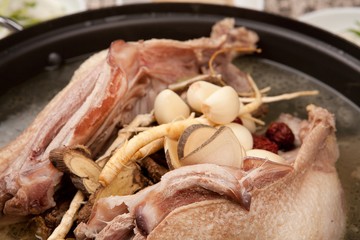 hanbang ori baeksuk. Boiled Duck with Rice and Medicinal Herbs