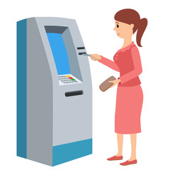 Woman using ATM machine. Vector illustration isolated white background.