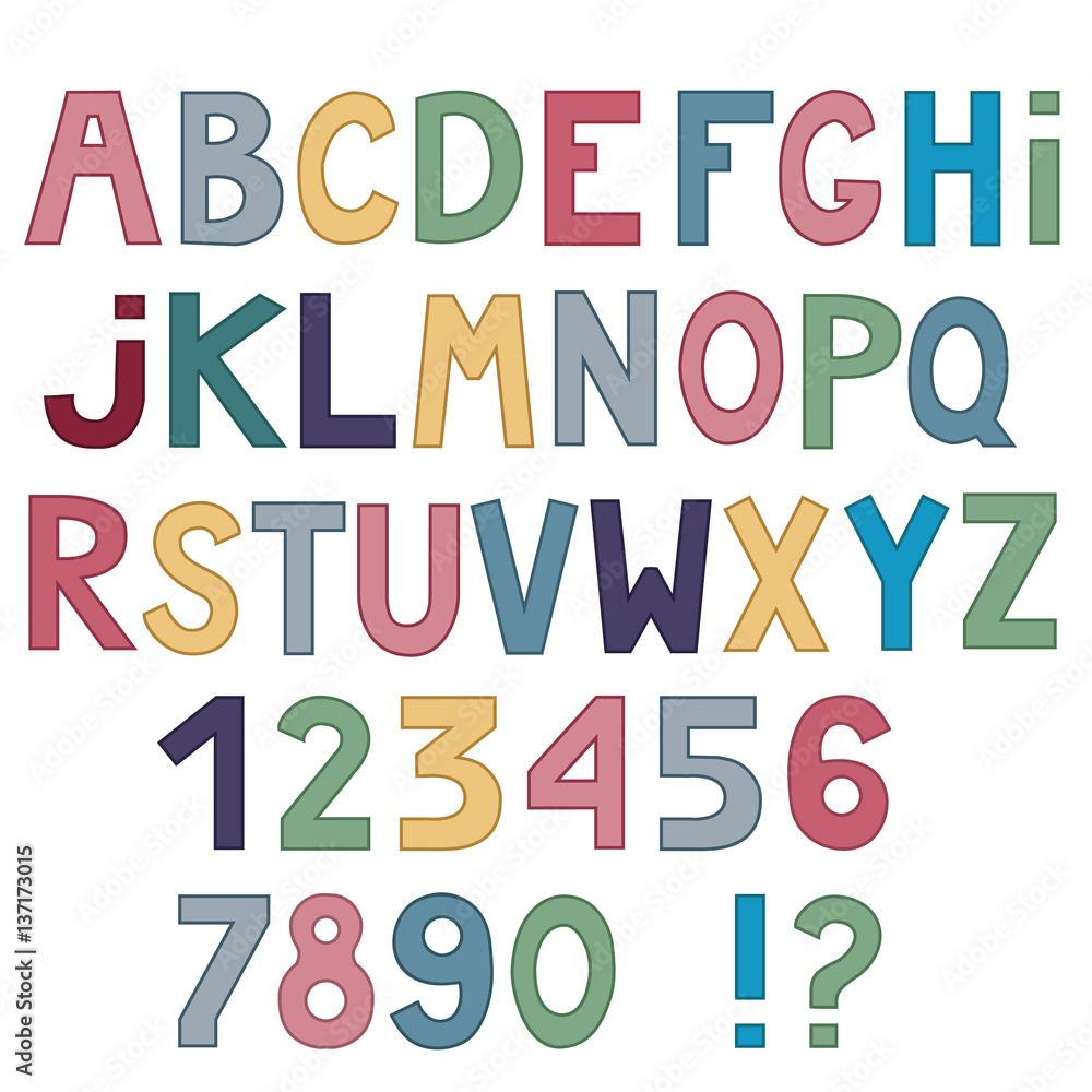 Poster set of cute letters and numbers isolated on white background.
