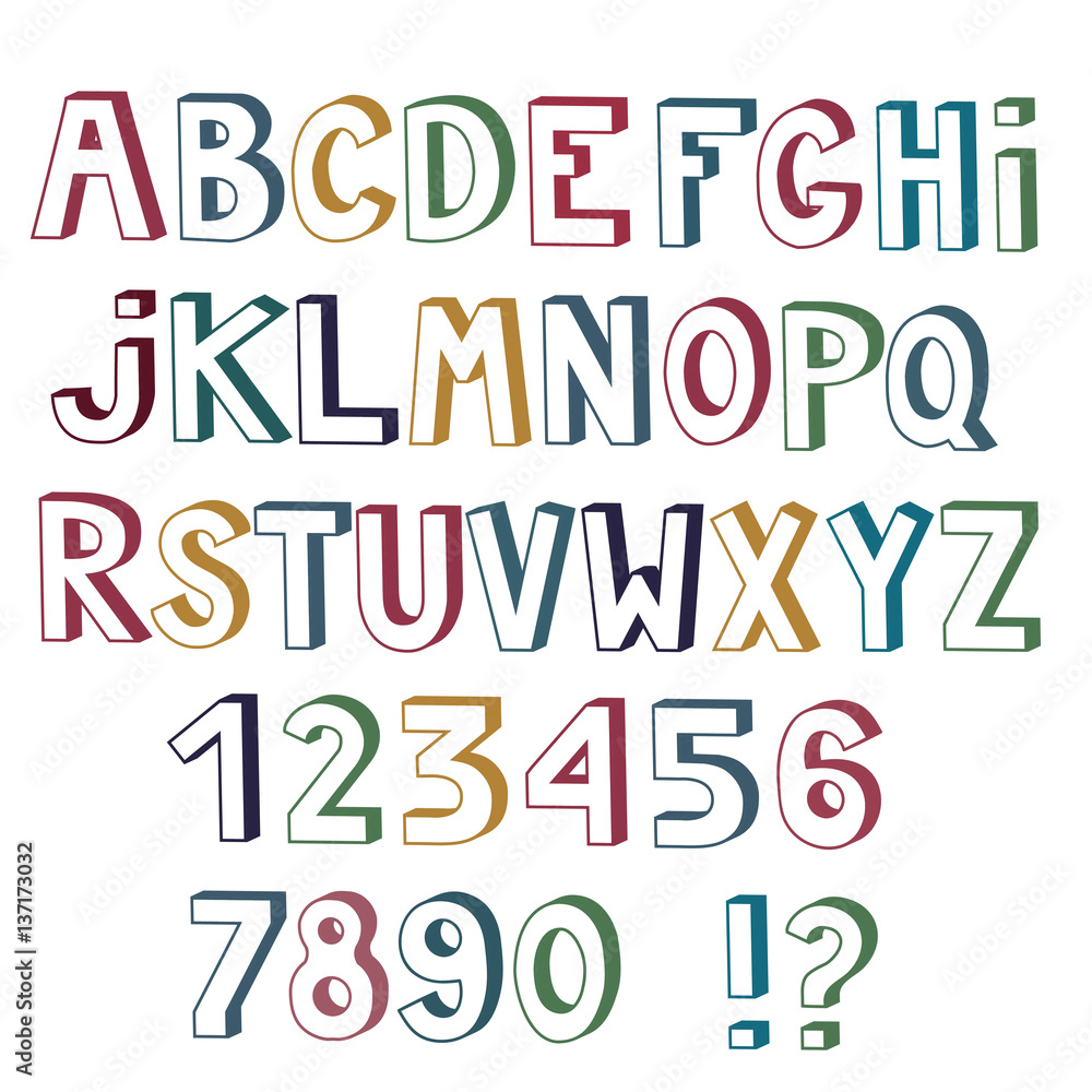 Poster set of cute colored letters and numbers with 3d effect isolated on white background.