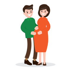 motherhood. happy pregnant woman and husband. vector illustration.