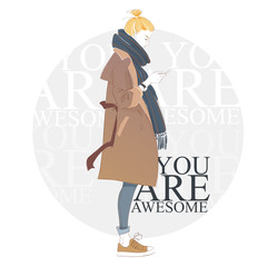 Smartphone addiction. Young woman in fashion hipster jacket an scarf looking at hier smartphone. Vector illustration