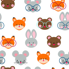 Cute seamless pattern with animal head. Teddy bear, rabbit, fox and mouse. Cute Japanese anime style.
