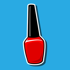 Nail polish bottle isolated on blue. Red color. Glass shiny closed container. Single element for manicure, make up. White outline path. Vector cartoon  illustration, icon, sticker bombing, patch badge