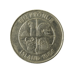 10 icelandic krona coin (1984) reverse isolated on white background