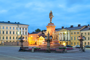 Alexander II monument on Senate square with Helsinki university, Finland  