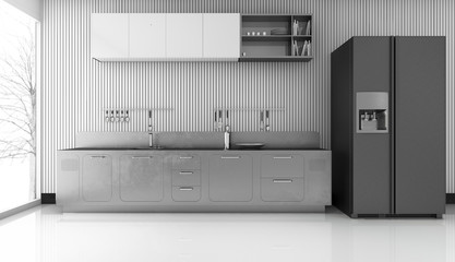 3d rendering modern metal kitchen with nice fridge