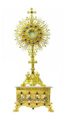 Gold monstrance on the pedestal engraving 4 saints on white background