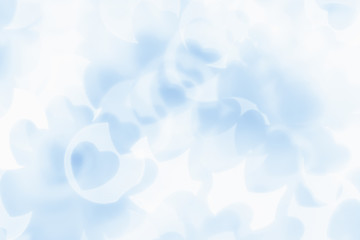  Valentine's day abstract background of soft blue, white bokeh blur hearts. Festive valentine backdrop.