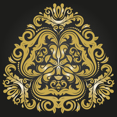 Oriental triangular pattern with arabesques and floral elements. Traditional classic ornament. Black and golden pattern