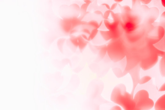  Valentine's Day Abstract Background Of Soft Red, White Bokeh Blur Hearts. Festive Valentine Backdrop.