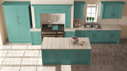 Classic kitchen, scandinavian minimal interior design with wooden and turquoise details
