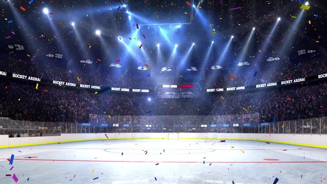  Hockey court with people fan. Sport arena. Ready to start championship. 3d render. Moving lights Confetti and tinsel