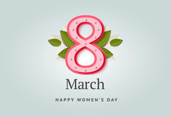 8 of March vector background design. Happy women day holiday banner layout. Greeting letter or postcard element with number eight symbol and leaves. Party or event headline template with text.