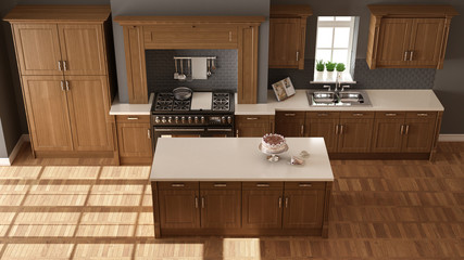 Classic kitchen, elegant interior design with wooden details, top view