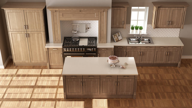 Classic kitchen, elegant interior design with wooden details, top view