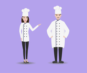 Smiling restaurant chef cook with assistant Isolated man and woman chefs. Catering staff characters Culinary and cuisine professionals. Flat design