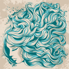 face girl with long hair, beautiful hairstyle with blue curls