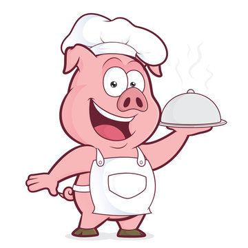 Pig chef holding silver cloche