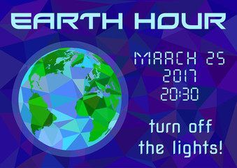 Earth Hour - global annual international event. Planet Earth on background of night starry blue sky in polygonal style. Vector illustration