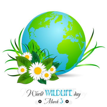 Earth globe with grass and camomiles on white. World wild life day in March 3. Also suitable for Earth day and Hour. Vector illustration