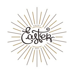 Fototapeta na wymiar Happy Easter Day. Monochrome hand lettering label for greeting cards. Trendy linear sunbeams. Vector design elements. 