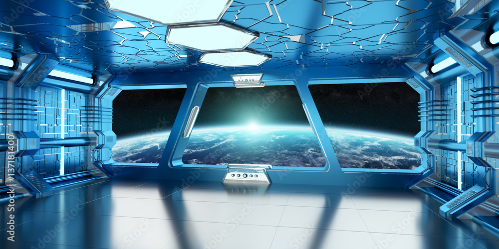 Poster spaceship interior with view on distant planets system 3d rendering elements of this image furnished