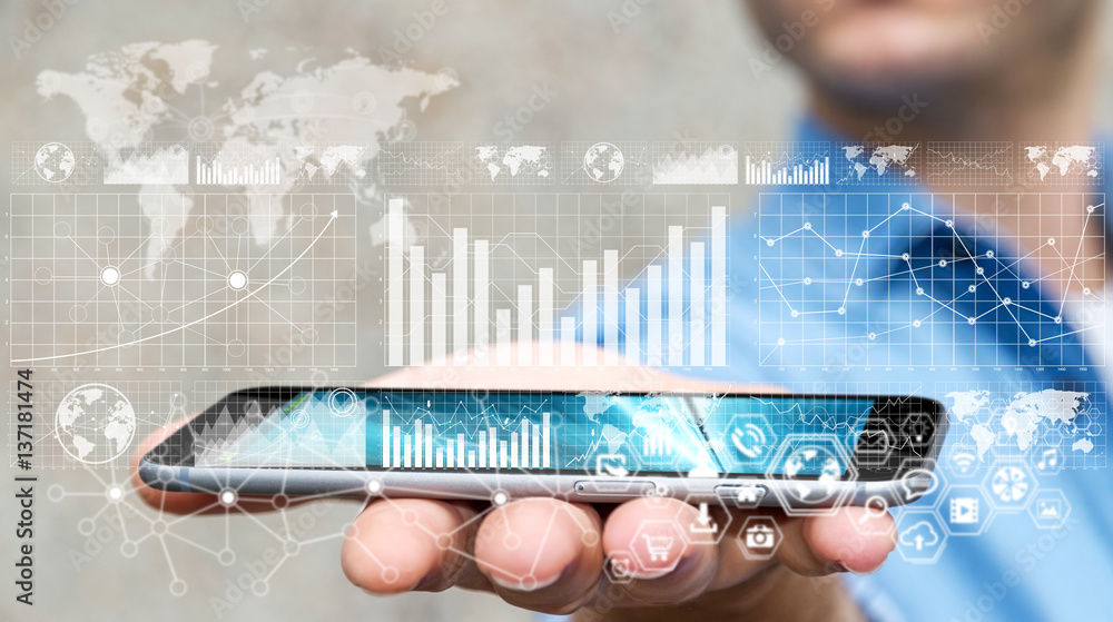 Poster Businessman using digital graph interface