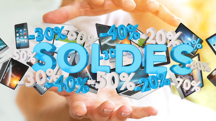 Businessman holding sales icons in his hand 3D rendering