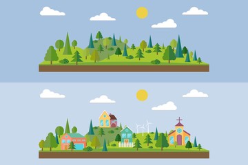 Set of two illustration. Wild forest in flat style. Eco village in flat style. Summer forest in flat style. Vector illustration.