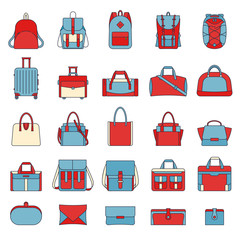 Colorful set of women's and men's bags. Many types of casual handbag. Isolated illustrations on white background. Retro style. Travel luggage, sports bags, clutches. Filled outline icons