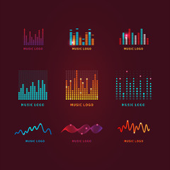 Set colorful ui ux music equalizer sound waves. Audio electronic bar. Music waves logo. Dj vector illustration.Bright shiny light audio signal.