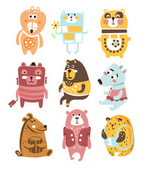 Cute Toy Bear Animals Collection Of Childish Stylized Characters In Clothes In Creative Design