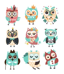 Fotobehang Stylized Design Owls Emoji Stickers Set Of Cartoon Childish Vector Characters With Funky Elements © topvectors